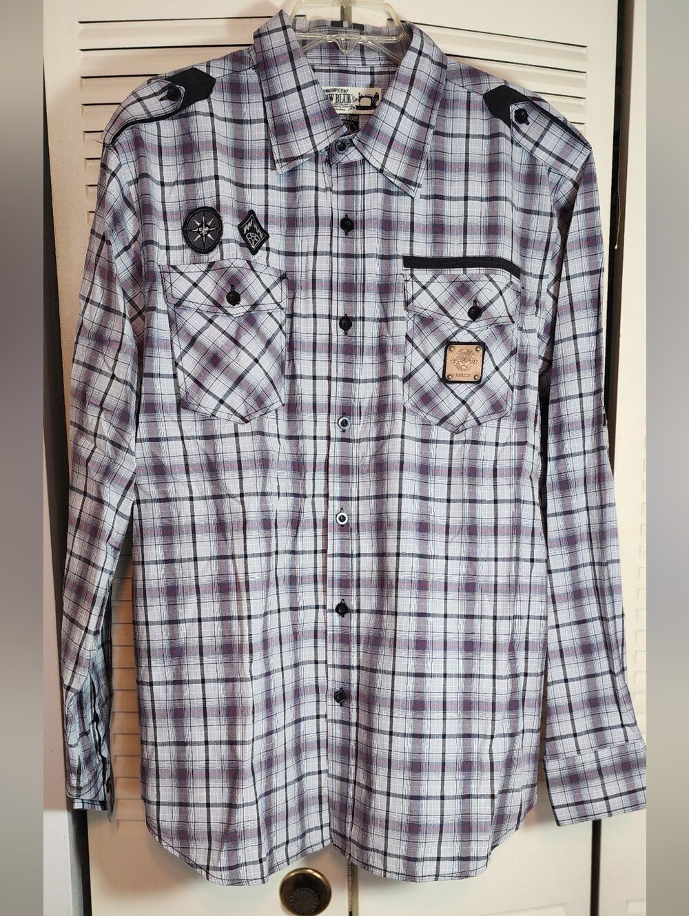 Raw Blue mens sz XL blue plaid utility long sleeve button down shirt roll up slv
